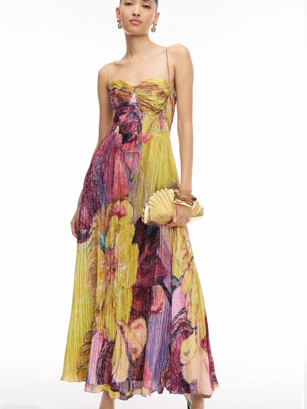 Source Unknown Yellow Multi Floral Pleated Maxi Dress